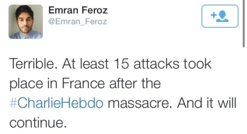 langste-deactivated20150222:  [Anti-Muslim attacks after the Charlie Hedbo massacre(as of 9 January 2015, 6:30pm GMT) 1. Wednesday. Shots fired at a prayer room in Port-La-Nouvelle about an hour after prayers. There were no deaths, injuries or arrests.