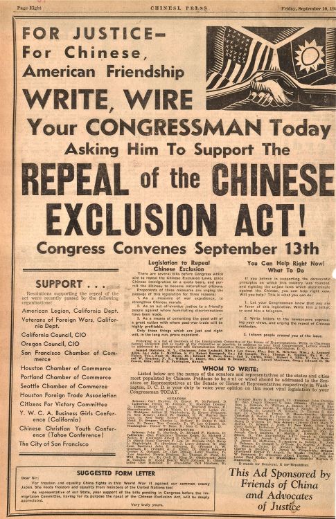 1943 social media activism. The same year this ad was published, the Chinese Exclusion Act was forma