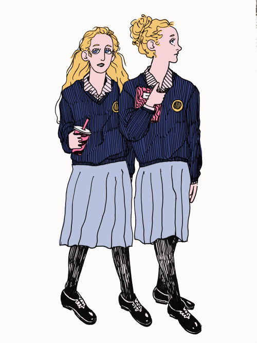 Philippa and Blanche in school uniforms. Inked with Microns, coloured digitally. Twitter crosspost