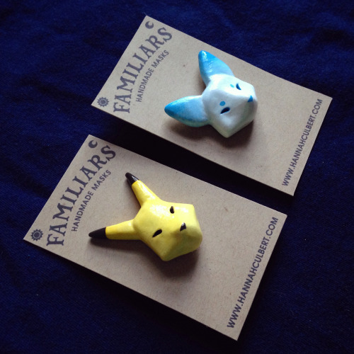New polymer clay pins! A Keaton from Majora’s Mask and an Arctic Fox, featuring backer cards I