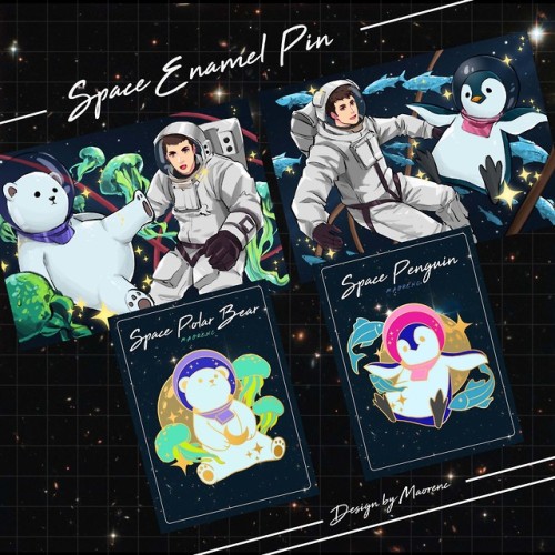 My Patreon June Enamel Pin Set. Because of global warming, polar bear and penguin decide to go space