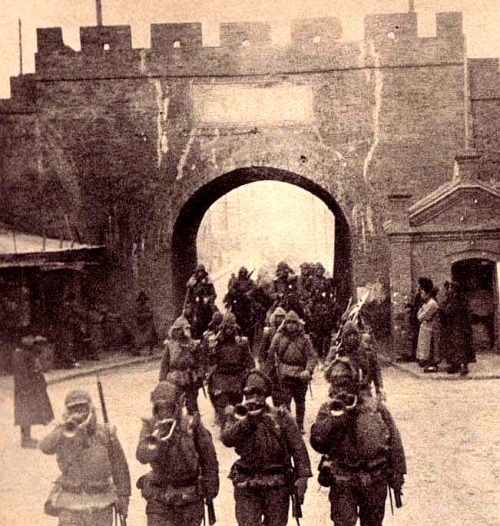 Japanese troops march into Mukden (now called Shenyang), 1931. On September 18, 1931, Japanese troop