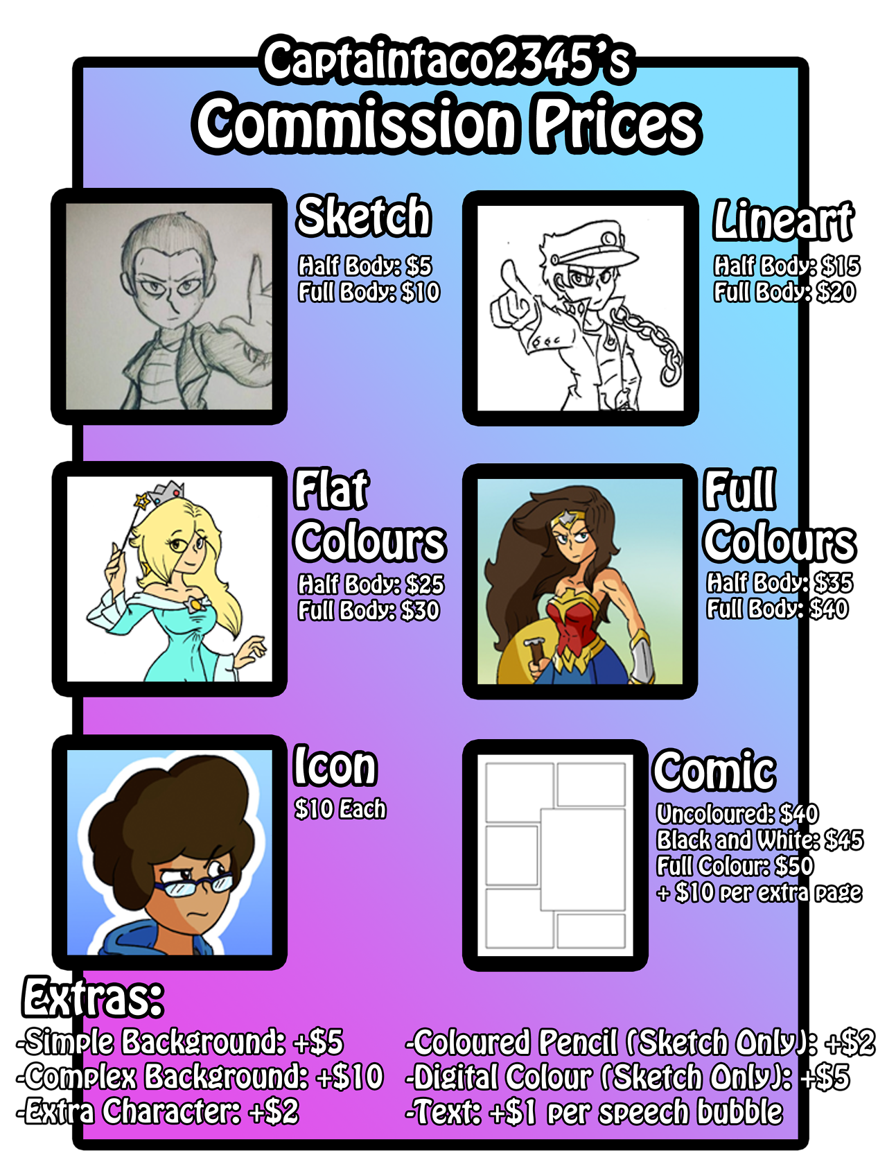 My new commission price list. Same prices as last time, but there are a few more