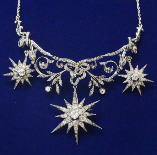 dupuisauctions:Spectacular Antique Diamond Necklace with Three Detachable Star Brooches/Pendants. Co