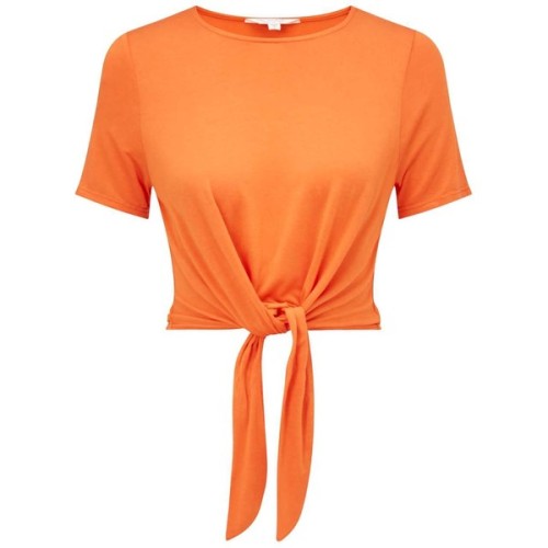 Miss Selfridge Orange Tie Front Crop Top ❤ liked on Polyvore (see more rayon tops)