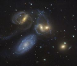 the-actual-universe:  STEPHAN’S QUINTETStephan’s Quintet is the first compact galaxy group ever discovered. Three hundred million light years away in the Pegasus constellation, four of the five galaxies interact in a violent cosmic collision. The