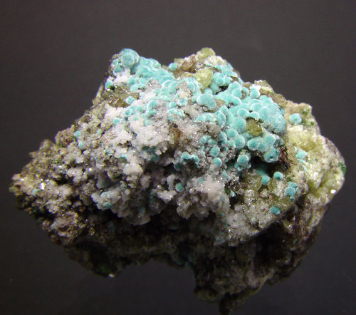 Plancheite on white Willemite with green Duftite crystals - Tsumeb Mine, Otavi Highlands, Namibia