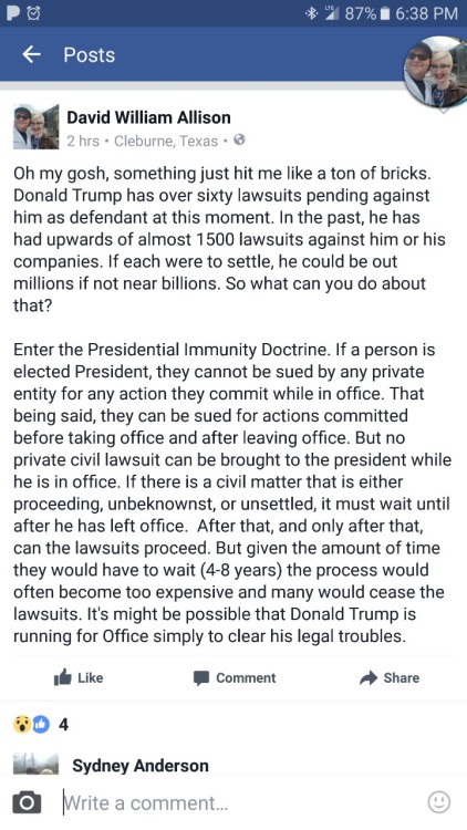 feminismandhappiness:  nicotiiine:  So uh, my boyfriend pointed out something today. I was aware of the absurd number of lawsuits against him, but not really of the Immunity Doctrine.  Con artist  