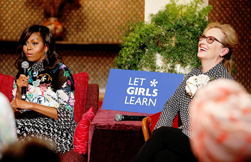 Michelle Obama and Meryl Streep speak during a conversation with Moroccan adolescent girls moderated