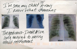 postcard-confessions:  &ldquo;I’ve seen my chest x-ray. I know what it means. The good news- I won’t live long enough to worry about retirement.&rdquo;Posted from the PostSecret website.