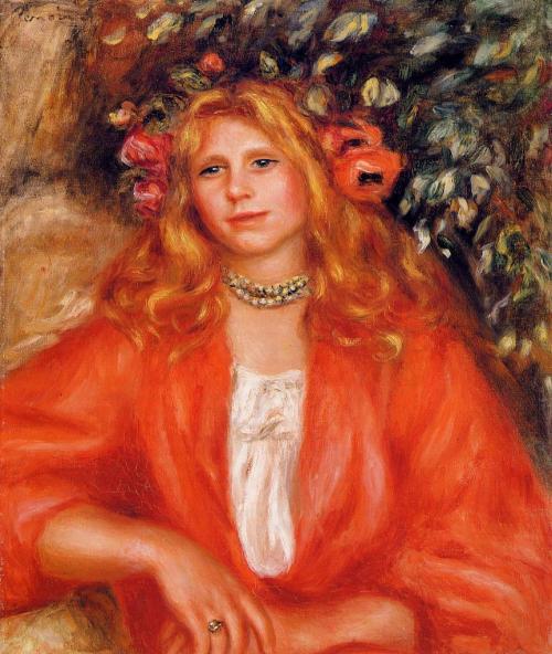 Young Woman Wearing a Garland of Flowers, 1908, Pierre-Auguste RenoirMedium: oil,canvas