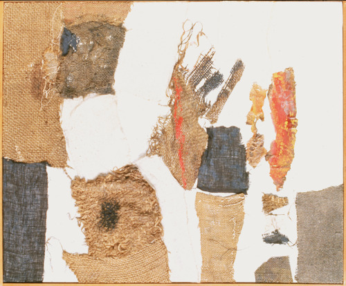 Alberto Burri (Italian; 1915–1995)Bianco XV Collage of canvas, burlap, and oil on canvas, 1956 Smith