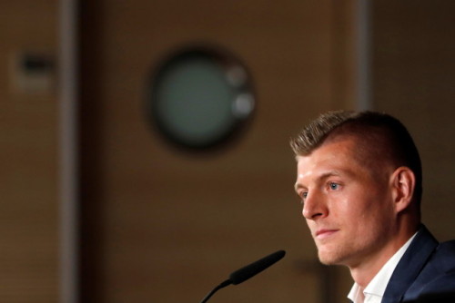  Toni Kroos addresses a press conference to announce the renewal of his contract with Real Madrid in