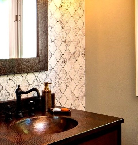 Mediterranean Powder Room - Powder Room Inspiration For A Small Mediterranean Black And White Tile And