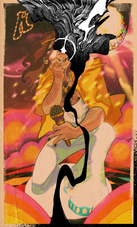 Art with a mostly aged paper texture. Pascal, a white man with long brown hair, is kneeling on a dancefloor with stylised airbrushed smoke and a discoball overhead, sparkles flying through the blurry air. He wears a sparkly white flared jumpsuit cut below his tits and a glittery jacket, along with thick stacked platforms. He holds a microphone and has one hand up to cup his face. A black crack in the image, which does not have the aged paper texture or blurriness of the rest of the drawing, covers half his face and extends to the top of the frame with a scratchy pencil cloud texture inside. A letter 'K' made of light bulbs hangs up in the background behind him.
