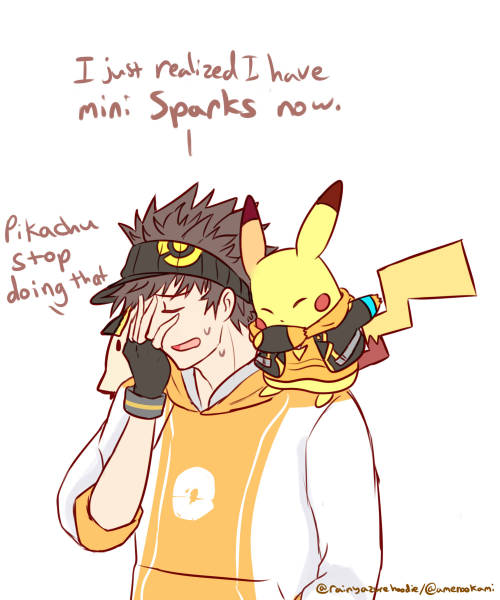 rainyazurehoodie:  It was a random not thought out well idea. Mimikyu and Pikachu want to show Spark their outfits, also Go sometime can’t but laugh at horrible pokemon puns. 