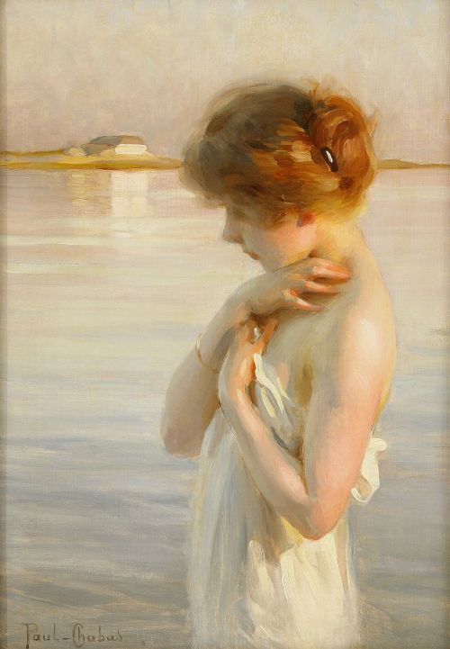 poboh: Flicka vid vatten, Paul Chabas. French Academic Painter (1869-1937)