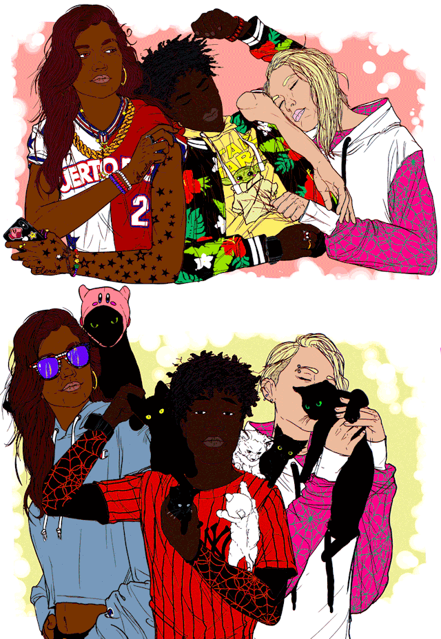the CliQue.... #America Chavez#Miles Morales#Gwen Stacy#spider-man#spider woman#young avengers #pups and kittens  #my favorite trio  #all about the headcanon #marvel #my lame art