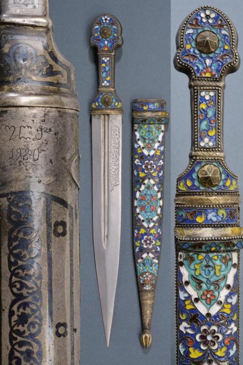 Ornately enameled kindjal dagger from the Caucasus, circa 1980.from Czerny’s International Auc