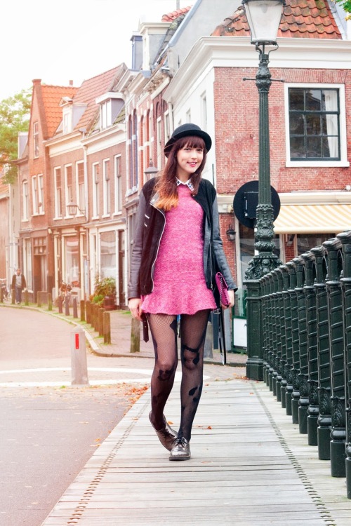 pantyhoseparty: Black fishnet tights with short pink wool dress and jacket
