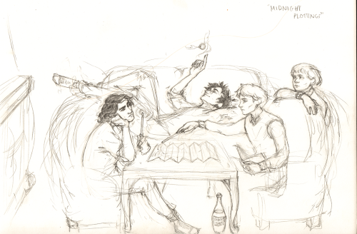 “midnight poltting” lol, old sketch- the marauders working on the marauders map in the c