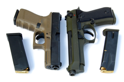 hotdogsandwiches:  Beretta 92F and gen 3 Glock 19 NS. Glock’s “OD” frame is really not very olive drab, it’s much more tan. The Beretta was finished using a piece of OD Magpul furniture as a color reference, so it’s a very close match to their