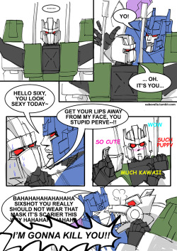 eabevella:  Headcanon: Some decepticons wear facemask because they look too cute. Sixshot is one of the unfortunate (?) kawaiicons. Overlord is a dick. 