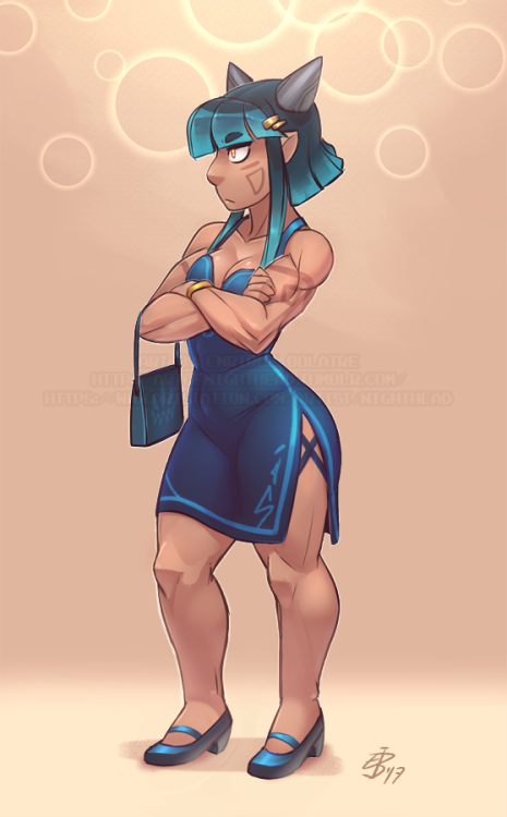 artofnighthead:   Prompted by Skecchi, Mika being forced to wear a cute dress to attend a job party, she’s not very fond of it, but if you wanna eat the free food, you gotta dress up!   Support me on Patreon!  Extra draw of sweaty fish boyfriend by