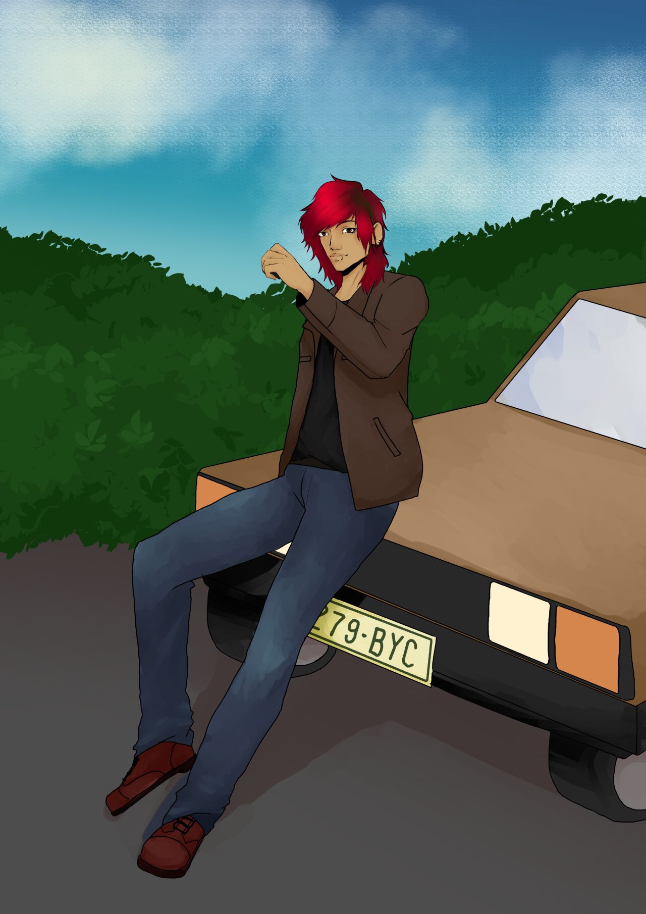 a digital illustration of an original character sitting on the front on an old car