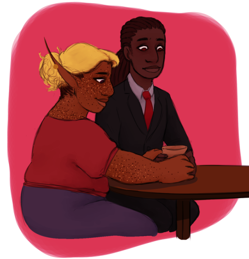 butchjasprose:Here’s this [image description: a drawing of Taako and Kravitz, sitting at a sma