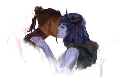 transkeyleth:twistedseart:My hand slipped[Image Description: two drawings of beau and jester kissing