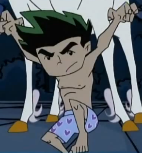 From American Dragon Jake Long episode Doppelganger Gang where he’s learning to make magical copies of himself. He has a lot to learn though, because when he first makes one in only heart boxers for all his enemies to laugh at.