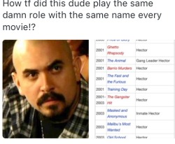 mofobian:  kingmickeymouse:witchyywomynn:RacismI swear if his name is actually Hector I’m going to lose itNoel Albert Gugliemi (born 1970) is an American actor, best known for his typecast portrayals of stereotypical Southern Californian gangsters.Get