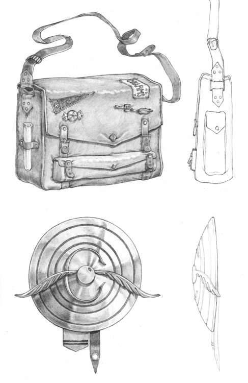 Prop designs for Cedric Diggory; his book bag and quidditch Captain’s badge. 