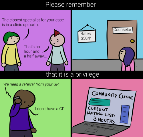 robothugscomic:  New comic! (link)Finding good mental health help is already really challenging when you’re in the best possible social position to access it. Poverty, disability, racial and cultural factors, physical access, regional access, gender