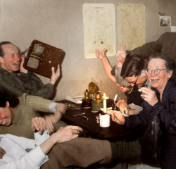 latining: anatomicdeadspace: Dutch resistance members celebrate at the moment they heard of Adolf Hitler’s death over the radio, May 1945. (Colorized)  Blessed image. 