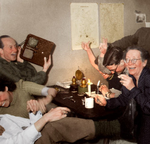 latining:  anatomicdeadspace: Dutch resistance members celebrate at the moment they heard of Adolf Hitler’s death over the radio, May 1945. (Colorized)  Blessed image. 