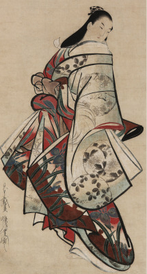 thekimonogallery:  Courtesan.    Ink and color on paper.  Early 18th century, Japan, by artist Kaigetsudo Ando.  Freer Gallery of Art and Arthur M. Sackler Gallery