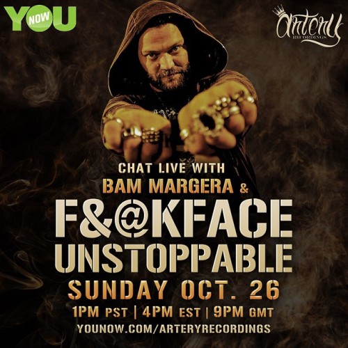 Chat live with Bam Margera&rsquo;s on the @arteryrecordings YouNow at 1pm PST! Less than an hour! #b
