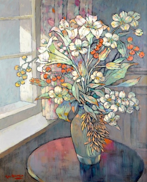 Fu Hong (b.1946) - Exotic Blooms in the Light of the Window. Oil on canvas.