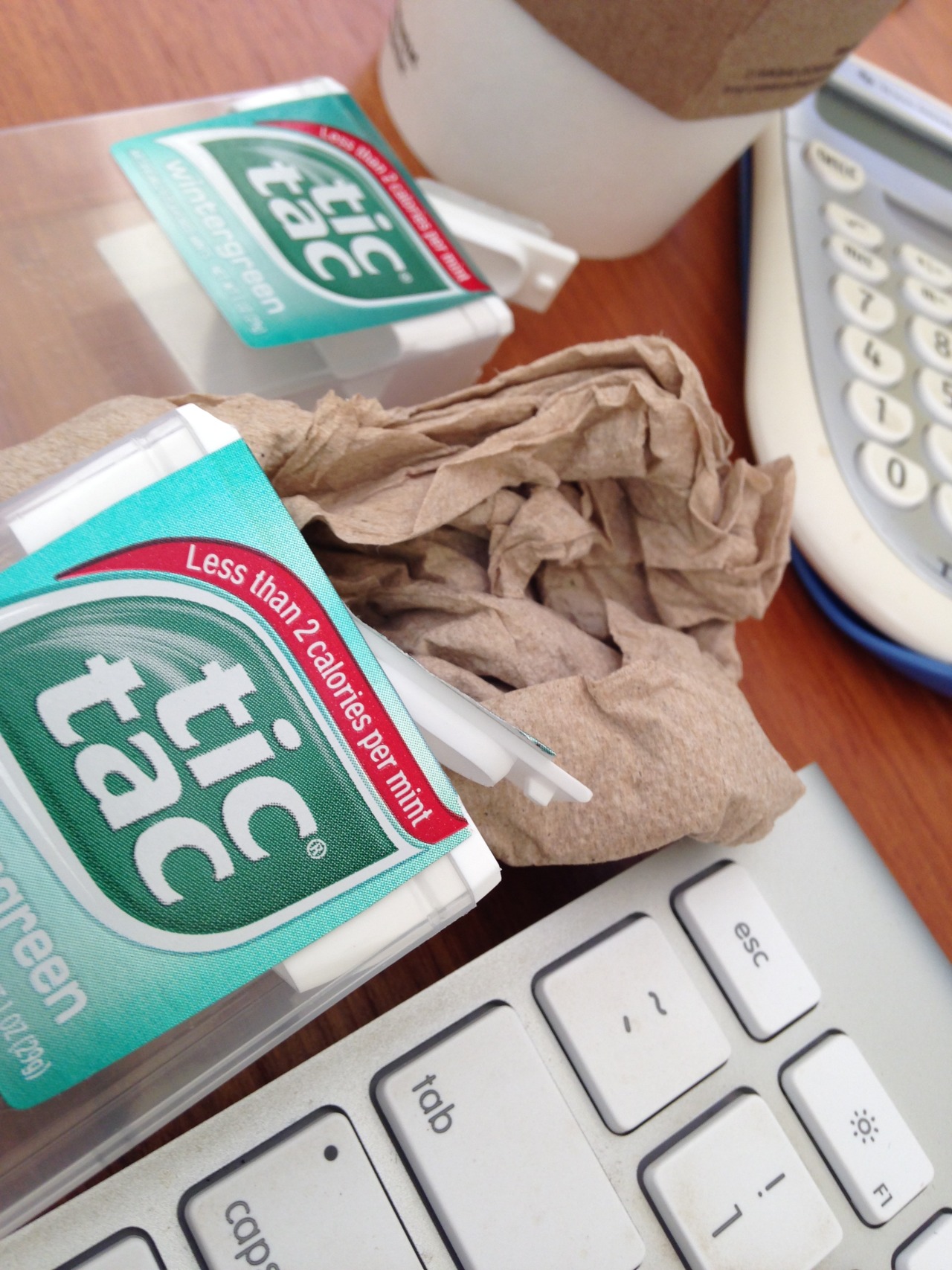 Two packs of tic-tacs and yesterday’s rewarmed latte. ‘Nuff said.