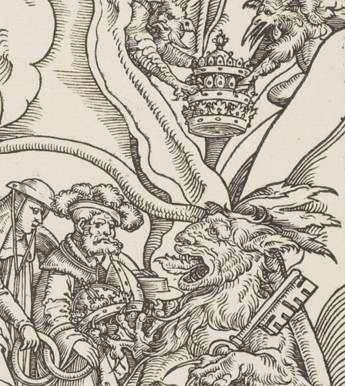 Matthias Gerung - Two devils are crowned as a Sultan and as a Pope (c. 1520). Detail.