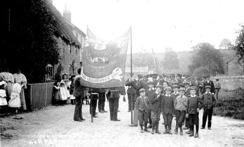 Whichford Club (1900s, Warwickshire): Procession; with banner; with aband performing; with the band;