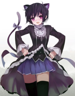 pixiv fantasia、zen o、シャツ、サッシュ、スカート、ニーソックス、ワイドスリーブ、overskirt、pixiv fantasia t、tail bell、一人、女一人、尻尾、牙、猫の尻尾、猫耳、獣耳、ピンク目、笑顔、絶対領域、鈴、長袖、開口、黒いレッグウェア、黒髪