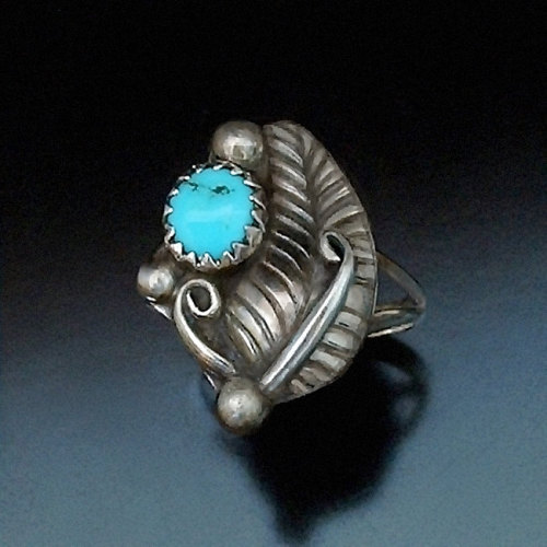 OLD PAWN Vintage Native American Turquoise Ring NAVAJO Sterling Silver Feather Motif Size 5.25 c.195