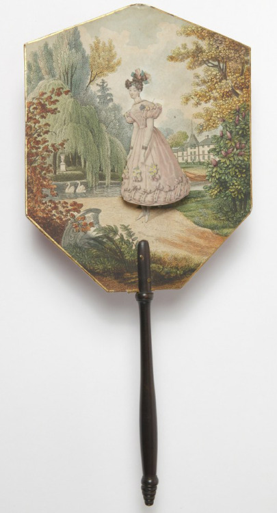 history-of-fashion:ab. 1830 Fan (antler and paper, lithographed and painted)ab. 1833 Fan (mother-of-