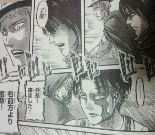 New chapter 58 spoiler image featuring Mikasa going “Understood” to Levi’s order of “Kill them if you can/if necessary” (Not shown). Love Levi’s “…” here, lol. Why does my OTP make me laugh even in