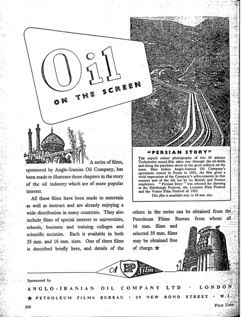 A 1953 advertisement for a propaganda film promoting the “Persian Story” of the Anglo-Ir