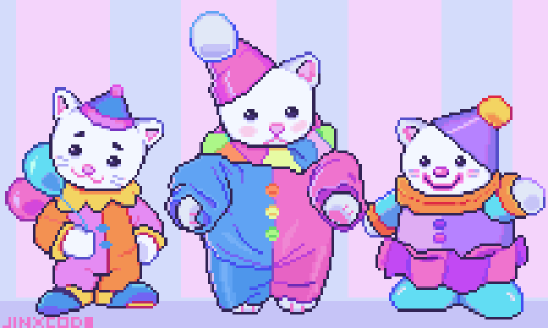 jinxcode:some fun pixels i’ve done recently!! silly cat clowns and 90s objects