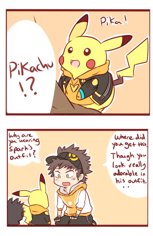 rainyazurehoodie:  It was a random not thought out well idea. Mimikyu and Pikachu want to show Spark their outfits, also Go sometime can’t but laugh at horrible pokemon puns. 